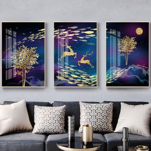 Bộ 3 tranh ghép trừu tượng hươu và đàn cá vàng CV03973