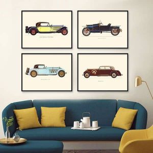 Bộ 4 tranh vẽ xe oto cổ điển MS0420
