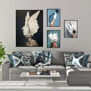 Bộ 4 tranh trừu tượng cô gái và cánh chim trắng MS0442