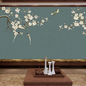 Tranh dán tường đàn chim xanh và cành hoa trắng TDT014