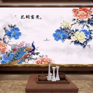 Tranh dán tường chim công và hoa mẫu đơn TDT016