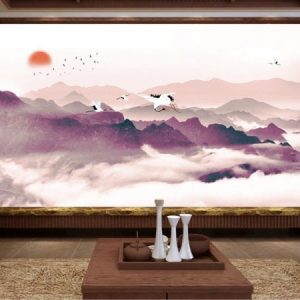 Tranh dán tường thiên nhiên và đàn hạc trắng TDT021