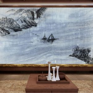 Tranh dán tường vẽ sơn mài con thuyền trên biển TDT022