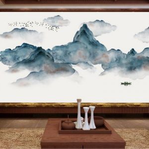 Tranh dán tường trừu tượng thiên nhiên núi sông và con thuyền TDT026