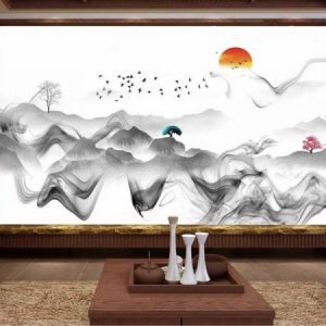 Tranh dán tường trừu tượng đàn chim và núi rừng TDT028