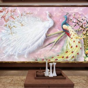 Tranh dán tường 3D chim công trắng và xanh TDT034