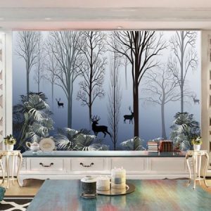 Tranh dán tường trừu tượng cánh rừng và đàn hươu TDT036