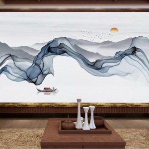 Tranh dán tường trừu tượng thiên nhiên và con thuyền TDT038