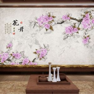 Tranh dán tường 3D cành hoa mẫu đơn tím TDT042