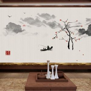 Tranh dán tường thủy mạc người chèo thuyền TDT047