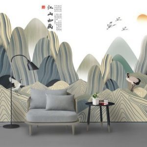 Tranh dán tường trừu tượng thiên nhiên và hạc trắng TDT049