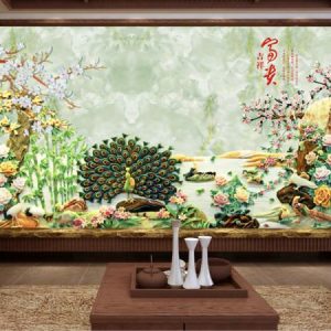 Tranh dán tường 3D công xanh và hoa mẫu đơn TDT057