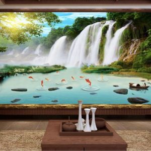 Tranh dán tường 3D thiên nhiên thác nước và đàn cá chép TDT062