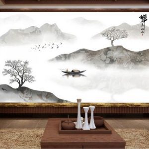 Tranh dán tường thủy mạc con thuyền và núi sông TDT064