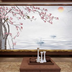 Tranh dán tường con thuyền và cây hoa tím TDT094