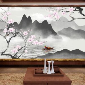 Tranh dán tường người chèo thuyền và thiên nhiên hoa cỏ TDT095