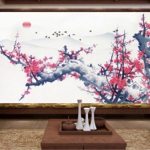 Tranh dán tường cây hoa mai đỏ TDT100