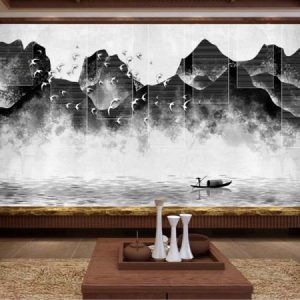 Tranh dán tường đen trắng người chèo thuyền và thiên nhiên núi sông TDT102