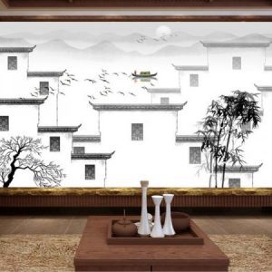Tranh dán tường đen trắng ngôi làng cổ ven sông TDT104