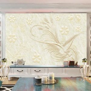 Tranh dán tường 3D trừu tượng chim và hoa vàng TDT105