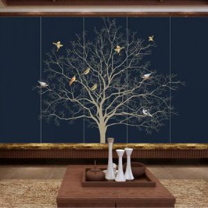 Tranh dán tường cây và chim nâu TDT106