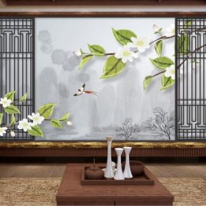 Tranh dán tường chim hỷ tước và hoa trắng TDT111