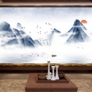 Tranh dán tường trừu tượng núi sông và con thuyền TDT118