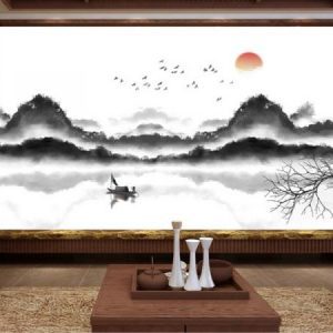 Tranh dán tường đen trắng sông núi và con thuyền TDT122