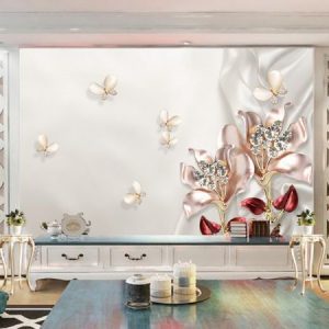 Tranh dán tường 3D bướm và hoa kim cương TDT123