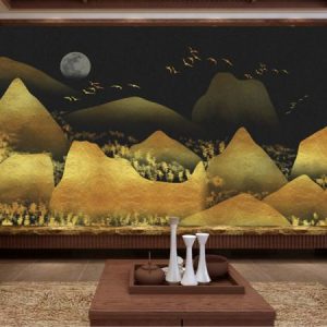 Tranh dán tường núi rừng và đàn chim vàng TDT138