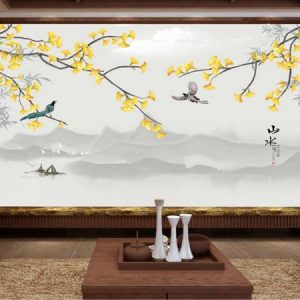 Tranh dán tường con thuyền và cành hoa vàng Trung Quốc TDT139