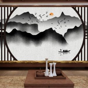 Tranh dán tường vẽ sơn mài người chèo thuyền và thiên nhiên núi sông TDT148