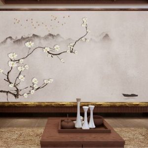 Tranh dán tường cành hoa trắng và con thuyền TDT149