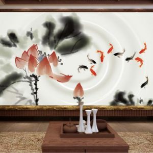 Tranh dán tường vẽ hoa sen và đàn cá chép đỏ TDT151