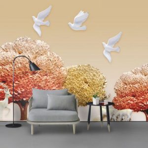 Tranh dán tường 3D hươu và đàn chim trắng TDT152