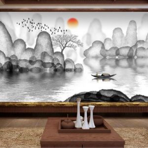 Tranh dán tường đen trắng thuyền và thiên nhiên núi sông TDT153