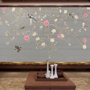 Tranh dán tường đàn chim và hoa mẫu đơn TDT163