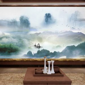 Tranh dán tường trừu tượng con thuyền và thiên nhiên sông núi TDT166