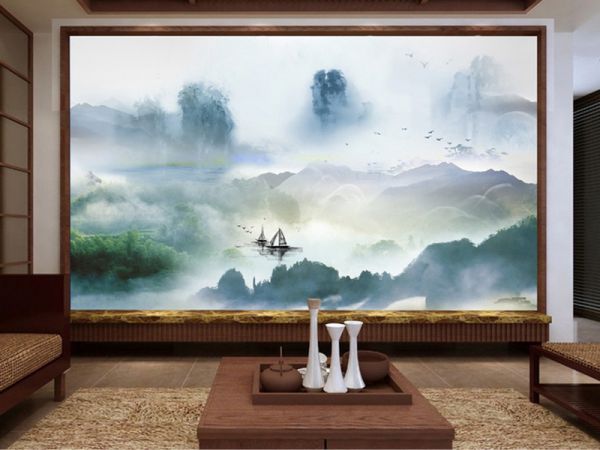 Tranh dán tường trừu tượng con thuyền và thiên nhiên sông núi TDT166 1 TDT166