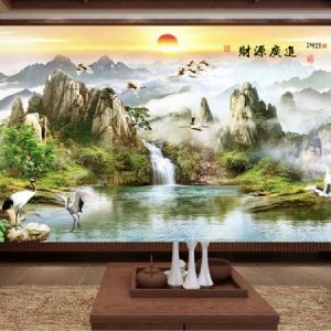 Tranh dán tường 3D đàn hạc trắng và thiên nhiên Trung Quốc TDT170