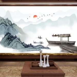 Tranh dán tường sông núi và con thuyền TDT184