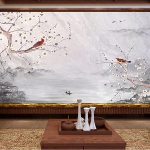 Tranh dán tường 3D chim hỷ tước đỏ và con thuyền TDT188