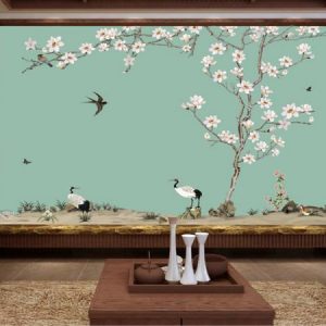 Tranh dán tường chim hạc và cây hoa trắng TDT193