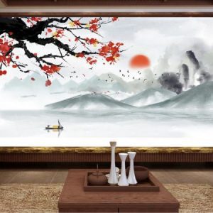 Tranh dán tường thiên nhiên và người chèo thuyền TDT197