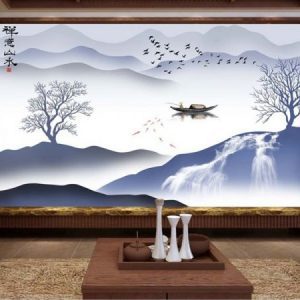 Tranh dán tường sông núi và con thuyền TDT199