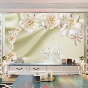 Tranh dán tường 3D thiên nga và hoa ngọc trai TDT204