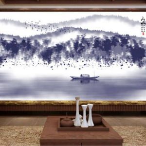 Tranh dán tường trừu tượng con thuyền và thiên nhiên núi rừng TDT207