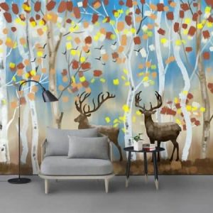 Tranh dán tường trừu tượng hươu nâu và rừng cây sắc màu TDT212