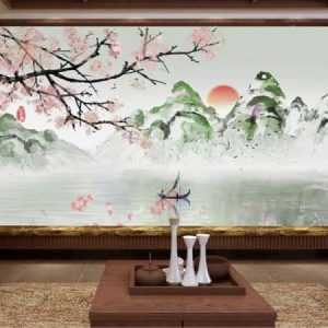 Tranh dán tường thiên nhiên sông núi và người chèo thuyền TDT213