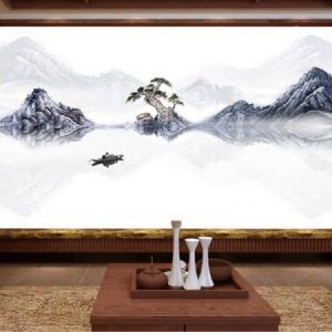 Tranh dán tường thiên nhiên sông núi và con thuyền TDT214